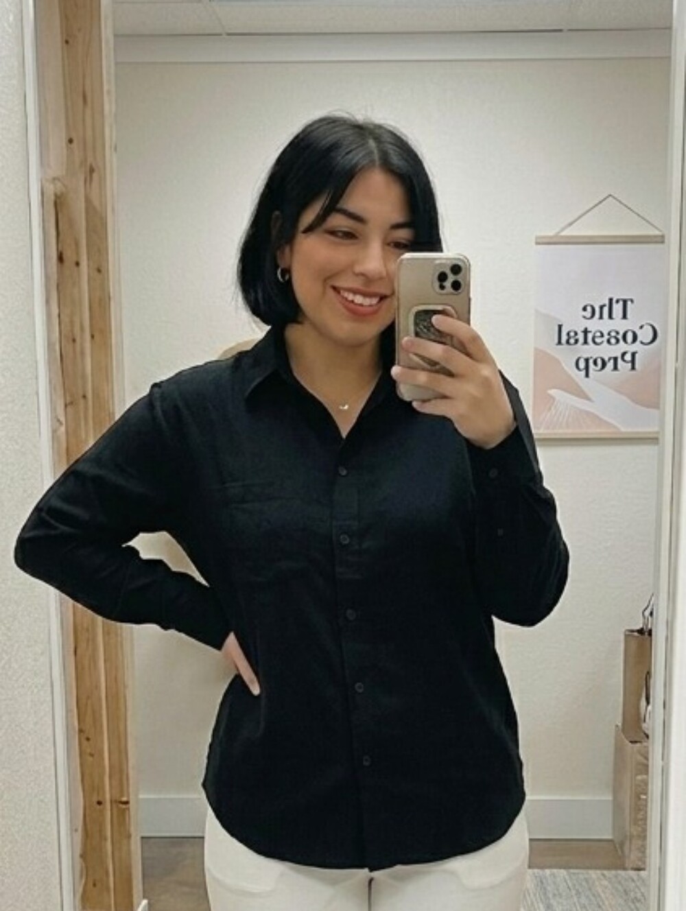 Active USA Long Sleeve Black Linen Blend Button Front Collared Shirt